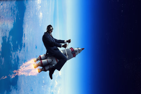 Businessman on a rocket . Mixed media