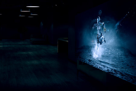 Cyborg running in darkness . Mixed mediaの写真素材