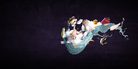 Flying food. Healthy nutrition . Mixed media
