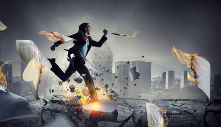 Portrait of energetic businessman running . Mixed media