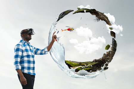 Man wearing virtual reality gogglesの写真素材
