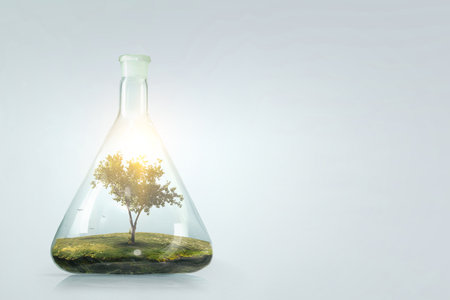 Tree growing inside clear glass bottleの写真素材
