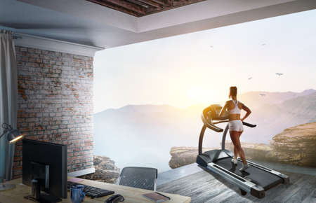 Woman running on a treadmill concept
