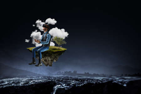 Man wearing virtual reality gogglesの写真素材