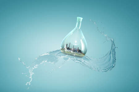 Industrial landscape with chimneys inside glass bottle