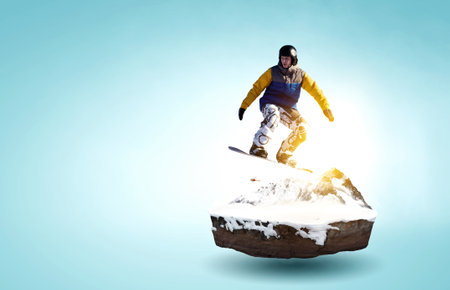 Snowboarder and Alps landscape . Mixed mediaの写真素材