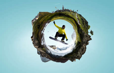 Snowboarder and Alps landscape . Mixed mediaの写真素材