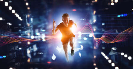 Man in sportwear running . Mixed media