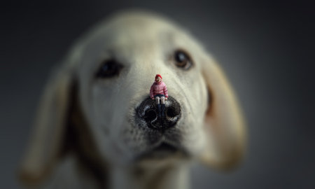 Little girl on dog nose . Mixed mediaの写真素材