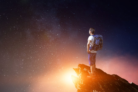 Young traveler exploring the world concept . Mixed mediaの写真素材