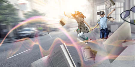 Kids wearing virtual reality goggles