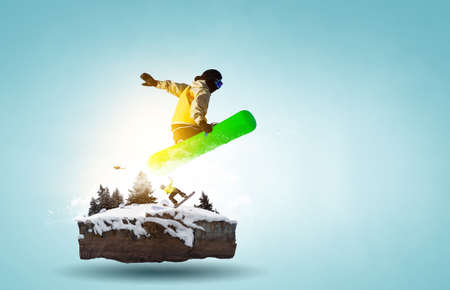 Snowboarder and Alps landscape . Mixed media