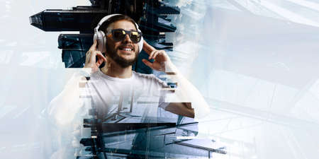 Young man with headphones . Mixed media