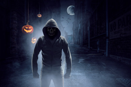 Scary and creepy male monster with gouged eyes looking like a skullの写真素材