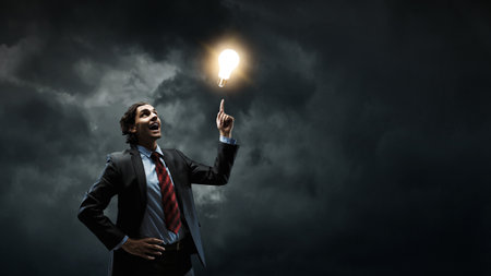 Thoughtful successful businessman dreaming . Mixed mediaの写真素材
