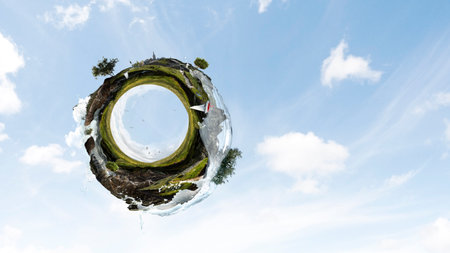 Green sphere landscape with grass and clear water