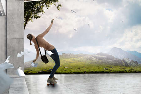 Young woman riding her skateboard