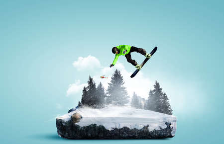 Snowboarder and Alps landscape . Mixed media
