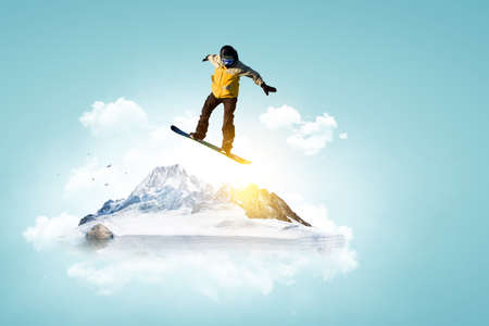 Snowboarder and Alps landscape . Mixed media