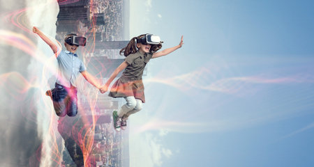 Kids wearing virtual reality goggles