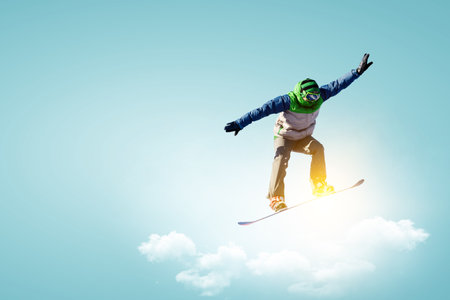 Snowboarder and Alps landscape . Mixed mediaの写真素材