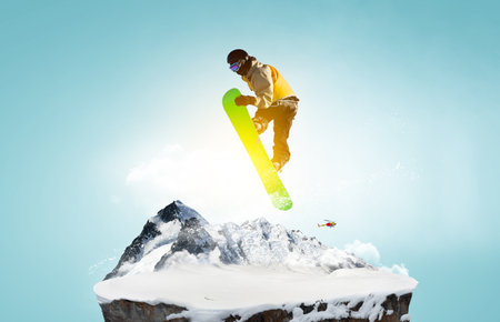 Snowboarder and Alps landscape . Mixed mediaの写真素材