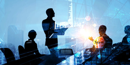 Group of business people outlines with lit backgroundの写真素材