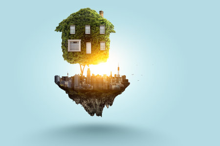 Little Eco House on the green grassの写真素材