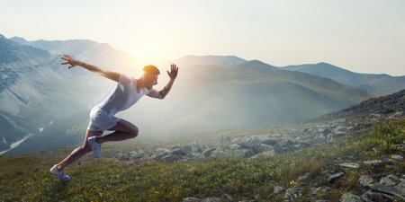 Man in sportwear running. Mixed media contentの写真素材