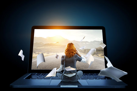 Beautiful businesswoman meditating. Mixed media contentの写真素材