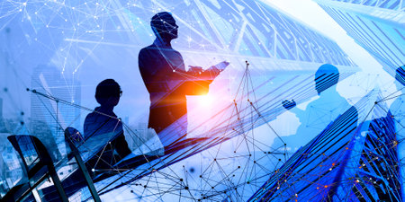 Group of business people outlines with lit backgroundの写真素材