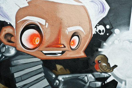 Urban Art - street in Mulhouse - France - charactere with birdのeditorial素材