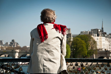 man on the Bridge of Arts in Parisのeditorial素材