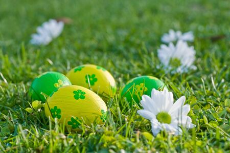 decorative easter eggs in the garden