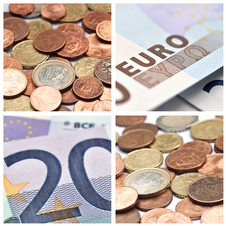 Euro coins and banknote closeup background collageの写真素材