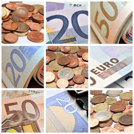 Euro coins and banknote closeup background collageの写真素材