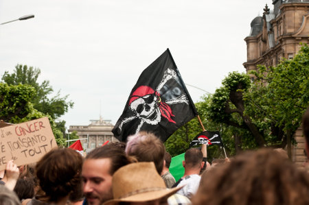 STRASBOURG  France  23 May 2015  people with flags during the demonstration against Monsanto and the...