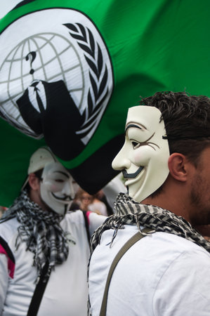 STRASBOURG  France  23 May 2015  people with anonymous mask during the demonstration against Monsanto and the transatlantique treated for the production of GMO in Europeのeditorial素材