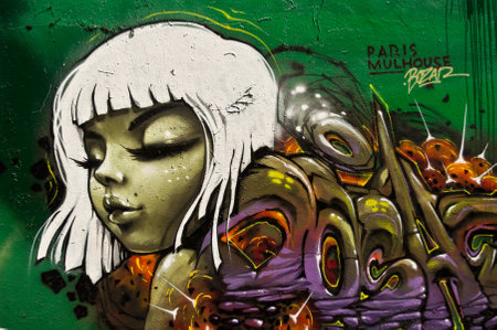 MULHOUSE  France  07 June 2015  graffiti of woman during the BOZAR  graffiti festival  quay of sinners in Mulhouseのeditorial素材