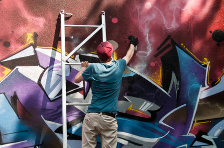 MULHOUSE  France  07 June 2015  painter during the BORAR  graffiti festival  quay of sinners in Mulhouseのeditorial素材
