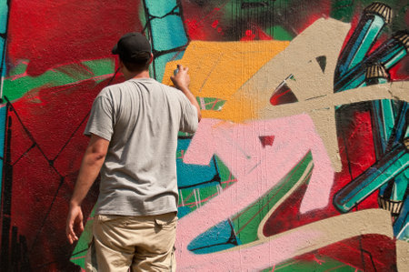 MULHOUSE  France  07 June 2015  painter artist during the BOZAR graffiti festival  quay of sinners in Mulhouseのeditorial素材