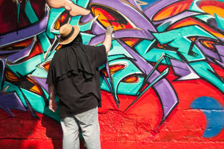 MULHOUSE  France  07 June 2015  painter artist during the BOZAR graffiti festival  quay of sinners in Mulhouseのeditorial素材