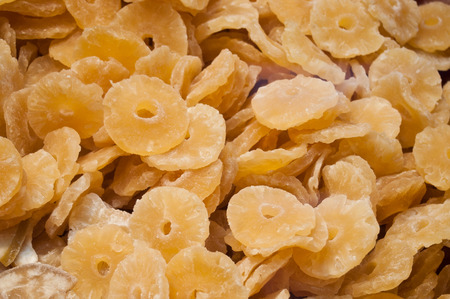 closeup slices of dried pineapple  textureの写真素材