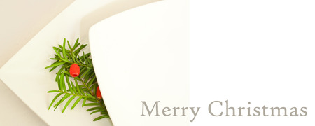 christmas card banner with decorative branch of yew with text "merry christmas"の写真素材