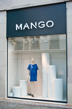 MULHOUSE - France 19 May 2016 - retail of the logo of the brand "Mango"signageのeditorial素材