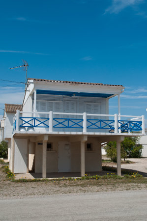 french wooden hut on stilts in border sea in Gruissan in Franceのeditorial素材