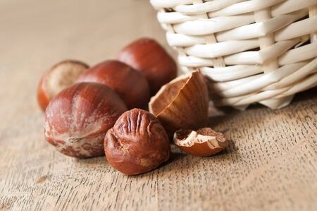 closeup of nuts in basket on wooden background
