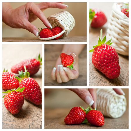 strawberries in a wooden basket on wooden table background - collageの写真素材