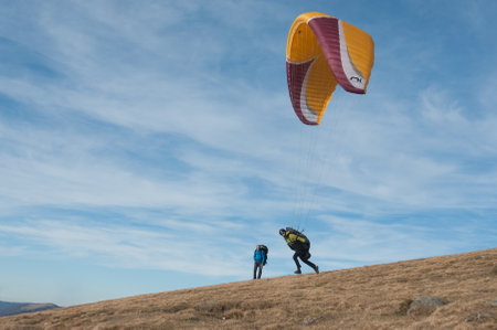 LE MARKSTEIN - France - 28 October 2016 - Paraglider takes off from the Treh runwayのeditorial素材
