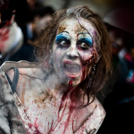 Paris, France - October 13 2012 - Woman dressed as a zombie parades on a street during a zombie walk in Paris.のeditorial素材